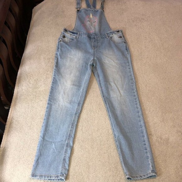 CAT & JACK Girls Embroidered Unicorn Denim Overalls Sz XL 14-16 - Picture 3 of 12